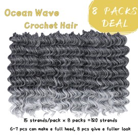 8 Packs Ocean Wave Crochet Hair Water Wave Crochet Hair for Women 14 Inch Short Curly Crochet Hair Beach Curl Deep Twist Crochet Braids Synthetic Braiding Hair Extensions (14 Inch, T1B/Gray#)