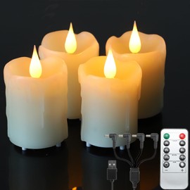 Lezonic Rechargeable Votive Flameless Battery Operated Candles with Remote Timer USB Cable, Pack of 4(D:2" X H:3") LED Ivory White Flickering Wax Candles with 3D Flame