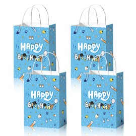 Reyoust 24pcs Blue Dog Gift Paper Bags with Handles Cartoon Animal Happy Birthday Treat Bags for Cookies Cakes Chocolates Candies Goodie Bags for Gifts for Boys