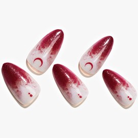 Short Almond Press on Nails, Ombre Gothic GLAMERMAID Glue on Nails with French Tip Fake Nails, Medium Oval Red Stick on False Nail Kits for Women Girls Gift, Reusable UV Finish Stiletto Acrylic Nails Sets
