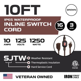 IRON FORGE Cable de extensión café para exteriores con interruptor en línea, 10 pies 16/3 SJTW 3 clavijas, IP65 conmutado, impermeable con encendido apagado para interiores y exteriores, cable de 10