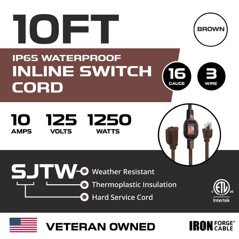 IRON FORGE Cable de extensión café para exteriores con interruptor
