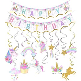 Calkkrer Unicorn Birthday Decoration Banner, Hanging Swirl & Party Jewellery, Girls Party, Unicorn Party Tableware, Gifts, Decorations for Children's Birthday