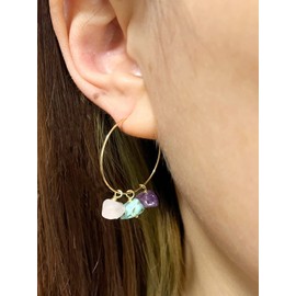 Gold Simple Hoop Earrings for Women,18K Gold Plated Dainty Minimalist Thin DIY Ear Hoops with Raw Natural Crystal Charms,Amethyst,Rose Quartz,Turquoise Stone Earrings