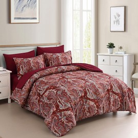 DJY Red Paisley Comforter Set Queen Size, 7 Piece Bed in a Bag Boho Paisley Pattern Comforter Set, Soft Lightweight Microfiber Reversible Bedding Set for All Season (90''x90'')