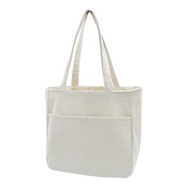 Women's Cord Shopper Bag, Tote Bag, Shoulder Bag, Shopper with Front Pockets, Large Capacity for Work, beige