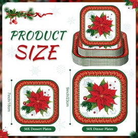 Havawish 100 Pcs 2 Size Christmas Paper Plates Set,7 in 9 in Christmas Red Poinsettia Flower Disposable Plates Square Festive Dessert Plates for Xmas Holiday Party Dinner Tableware Supplies, Serve 50