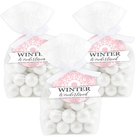 Big Dot of Happiness Pink Winter Wonderland - Holiday Snowflake Birthday Party and Baby Shower Clear Goodie Favor Bags - Treat Bags With Tags - Set of 12