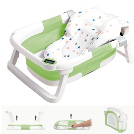 napei Collapsible Baby Bathtub,Baby Bath Tub with Soft Cushion & Thermometer,Baby Bathtub Newborn to Toddler 0-24 Months,Portable Travel Baby Tub,Green