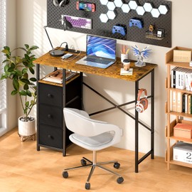 35.4 Inch Small Computer Desk with 3 Fabric Drawers and Power Outlet, Compact Study Desks for Small Spaces, Home Office Desk with Storage Shelf, Kids Girls Teen Study Writing Desk for Bedroom, Vintage