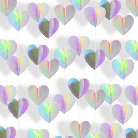 RICHHHA 37FT Iridescent Silver 3D-Heart-Shaped Garland Banner for Galentine’s Day Decor Hanging Paper Streamers,Engagement Wedding, Bridal Party, Baby Shower Birthday Party Supplies