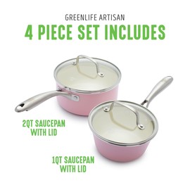 GreenLife Artisan Healthy Ceramic Nonstick, 1QT and 2QT Saucepan Pot Set with Lids, Stainless Steel Handle, Induction, PFAS-Free, Dishwasher Safe, Oven Safe, Pink