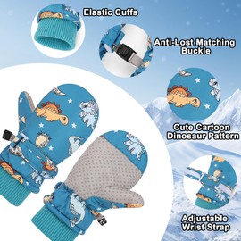 QKURT Kids Ski Mittens, Waterproof Winter Warm Snow Gloves, Cute Cartoon Dinosaur Gloves, Thick Fleece Lining Thermal Mittens Snowboard Skating Mittens with Anti-Slip Palm for Boys Girls Aged 2-8