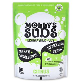 Molly's Suds Dishwasher Pods | Clean Dishwasher Detergent, Cuts Grease & Rinses Clean (Residue-Free) for Sparkling Dishes | 60 Auto-Release Tabs (Citrus)