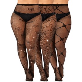 Geyoga 3 Pair Plus Size Rhinestone Fishnets Stockings Glitter Sparkly Tights High Waist Black Fishnet Pantyhose for Women(XXL-4XL)