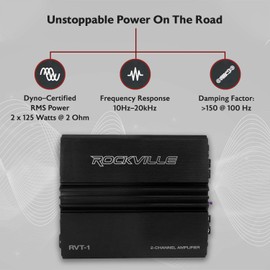 Rockville RVT-1 2-Channel Car Amplifier, 1000W Peak/250W RMS, Class-AB, MOSFET Power Supply, Bass EQ, Crossover, Perfect for Subwoofers and Car Audio