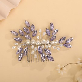Teyglen Purple Rhinestone Wedding Hair Comb Bridal Pearl Crystal Hair Comb Hair Accessories for Bride Headpiece Hair Piece for Women (Purple)