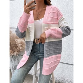 Libsorge Womens Oversized Cute Color Block Striped Long Cardigan Spring Sumnmer Fall Winter Trendy Ladies Dressy Casual Outfits Chunky Ribbed Knit Open Front Long Sleeve Sweater 2025 Pink L