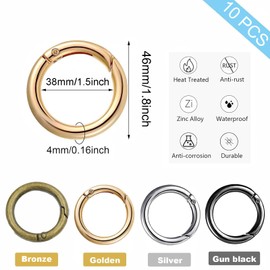 LSRVNM Pack of 10 38 mm Round Carabiner Hooks, Very Robust Zinc Alloy Round Carabiner Ring Carabiner Hook Round O Ring for Key Chain, Bag, Jewellery, Crafts (Light Gold)