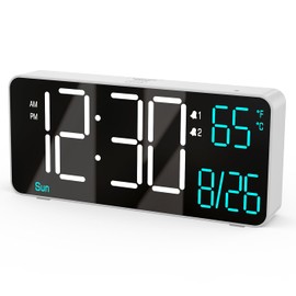 KOSUMOSU Digital Alarm Clock for Bedroom,6.7in Small Digital Clock,Auto Dimming,Date,Day of Week,Seconds or Indoor Temp,LED Alarm Clocks for Living Room,White Desk Clocks for Bedrooms