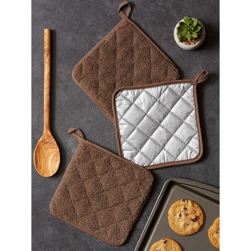DII Basic Terry Collection Quilted 100% Cotton, Potholder, Brown, 3