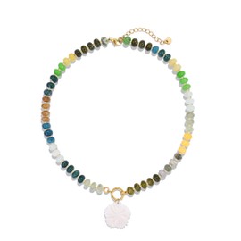 SKENUDY Colorful Gemstone Rainbow Bead Necklace for Women,Green Natural Stone Bead Choker,Boho Surfer Beach Necklaces,Shell Flower Summer Jewelry