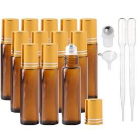 Essential Oil Roller Bottles, 10ml Thick Glass Perfume Roller Bottles with Funnel Opener and Dropper Colored Glass Empty Bottles with Stainless Steel Roller Balls (Brown - golden cover, 12 Pack)