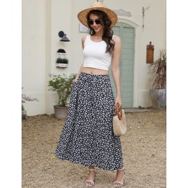 Zeagoo Long Women's Elegant Maxi Skirt with Pockets, Elastic High Waist Summer Skirt, Casual Flowy Beach Skirt, A-Line Maxi Skirt, S-XXL, White Black Flowers
