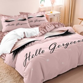 Long Eyelashes Duvet Cover Set - King Size, Luxury Rose Gold Glitter Bling Girly Pink Bedding Sets, Hello Gorgeous Comforter Cover Bedroom Decor for Women Teen Girl (1 Duvet Cover + 2 Pillowcase)