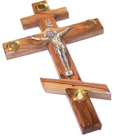 Holy Land Market Olive Wood Eastern Orthodox Cross - Hand Carved Brown Wooden Crucifix with Holy Land Samples, 10 in