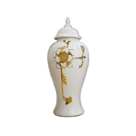 Homeroots 14" White and Gold Floral Urn Ceramic Ginger Jar With Sculptural Details