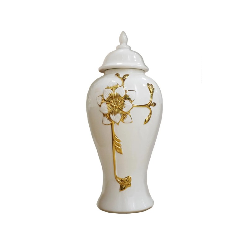 Homeroots 14" White and Gold Floral Urn Ceramic Ginger Jar
