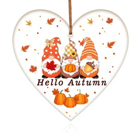 iwiio Hello Autumn Decorations Wooden Heart Hanging Plaque Autumn Gifts Printed Autumn Leaves,Pumpkin, Maple Autumn Accessories Decor for Thanksgiving and Autumn