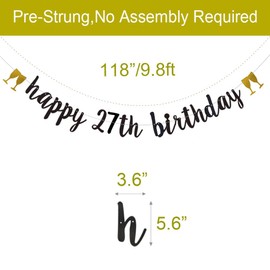 Happy 27th Birthday Banner,Pre-Strung, 27TH Birthday Party Garlands Bunting Sign Photo Props Backgrounds,27 Years Old Birthday Party Decorations Supplies,Letters Black,ABCpartyland