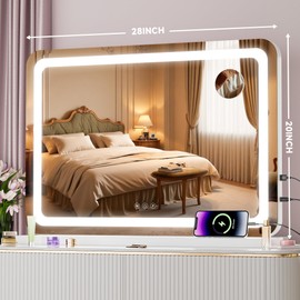 Batuso Vanity Mirror with Lights, 28" x 20" LED Makeup Mirror with 10X Magnification, Dimmable 3 Modes, Memory Function, Smart Touch, USB Charging Port, Lighted Makeup Mirror Round White