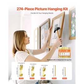 VEVOR 274 Pieces Picture Hanging Kit, 20lbs, 30lbs, and 50lbs Picture Hangers, Heavy Duty Metal Pictures Hanging Hooks with Nails for Mirror, Painting, Photo Frame on Drywall and Wooden Wall, Gold