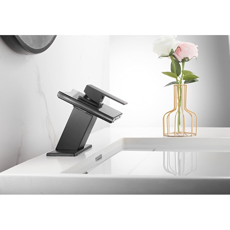 Black Bathroom Sink Faucet LED Light 3 Colors Changing Waterfall