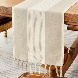 Camino de mesa de lino Wracra, caminos de mesa de macramé estilo granja de 90 pulgadas de largo para decoración de mesa de comedor, boda, fiesta y decoración de cómoda (Café claro, 90")