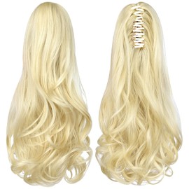 ShulaSHOP ponytail extension,16" claw clip hair extensions ponytail short curly hair ponytail Extension Natural Looking Synthetic Hairpiece for Women Bleach Blonde