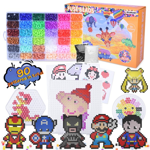 kuman Perler Beads kit for Kids and Adults with 10000 Fuse Beads, 36 Colors 5mm Beads, 90 Patterns, 4 Pegboards, Birthday Craft DIY Toy Gift for Girls Boys 5 Years Old, Multiple