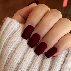 Uñas postizas KQueenest de color burdeos mate, cortas, medianas, cuadradas, con pegamento, de color sólido, uñas acrílicas cortas tipo ataúd, uñas de 
