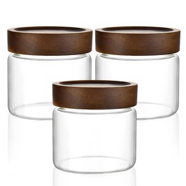 MOLADRI 3 Pack 17 oz/500ml Clear Glass Storage Canister with Airtight Wooden Screw On Lid, Small Cute Decorative Glass Container Jar Set for Coffee, Candy, Cookie, Condiment, Pepper, Sugar, Oatmeal