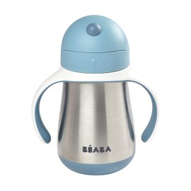 Beaba Stainless Steel Straw Sippy Cup, Insulated Toddler Cups Spill Proof with Removable Handles, Made with High Grade Stainless Steel, 8+ Months, 8.5 oz, (Rain)