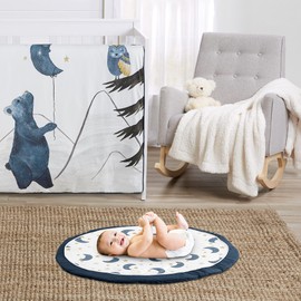 Sweet Jojo Designs Moon and Star Boy or Girl Baby Playmat Tummy Time Infant Play Mat - Navy Blue and Gold Watercolor Celestial Sky Gender Neutral Outer Space Galaxy