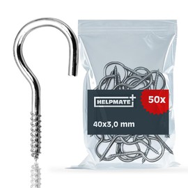 HELPMATE Screw Hooks Curved 40 x 3.0 x 15 x 9 mm - Galvanised Steel - Pack of 50 - Hooks for Wall or Ceiling Mounting
