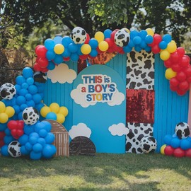 Paready Carnival Party Balloons, 50pcs Toy Inspired Story Balloons, Red Yellow Blue Balloons Cow Print and Sky Blue Cloud Balloons for Cartoon Story Carnival Circus Theme Birthday Party Baby Shower Wedding