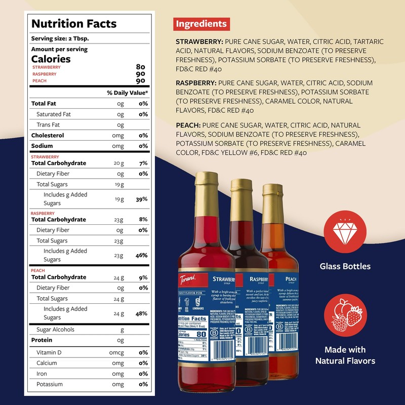 Torani Strawberry, Peach, and Raspberry Syrup for Drinks, Variety 3-Pack,