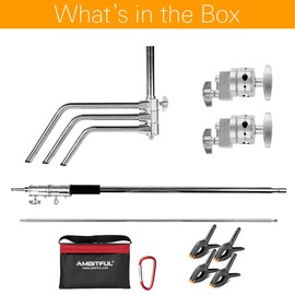 AMBITFUL Stainless Steel Heavy Duty C Stand with Boom Arm - Max Height 320cm/10.5ft Photography Light Stand with 128cm/4.2ft Holding Arm, 2 Grip Head for Studio Monolight, Softbox, Reflector