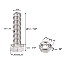 TOP-VIGOR 6Pcs M6 x 25mm Hex Head Screws Bolts, Nuts, Flat & Lock Washers Kits, 304 Stainless Steel Fully Thread Hexagon Bolts for DIY Bike Motorcycles Repair