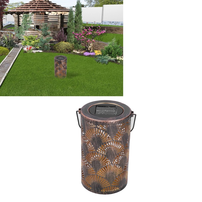 LED Solar Lantern Retro Iron Hollow Portable Warm Light Outdoor